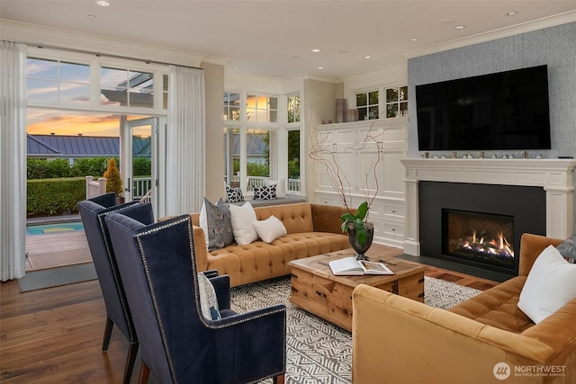 2665 Evergreen Point Rd NE, Medina, WA 98039 - living room with crown molding, wood finished floors, plenty of natural light, and a fireplace with flush hearth