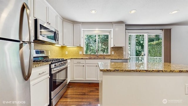 33700 33rd Pl SW, Federal Way, WA 98023 - kitchen with appliances with stainless steel finishes, backsplash, dark wood-style flooring, light stone countertops, and recessed lighting