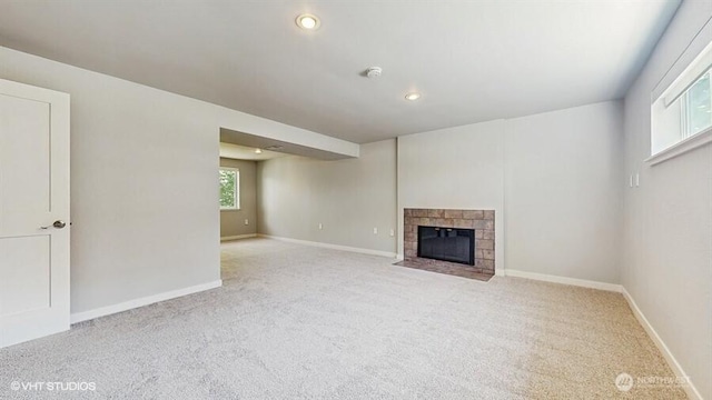 33700 33rd Pl SW, Federal Way, WA 98023 - unfurnished living room featuring carpet floors, a tile fireplace, and recessed lighting