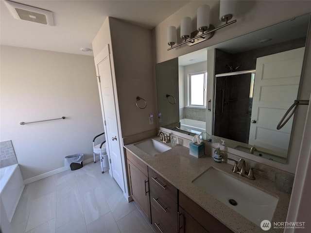 957 Twisp Carlton Rd Unit D, Twisp, WA 98856 - bathroom featuring a garden tub, a stall shower, and double vanity