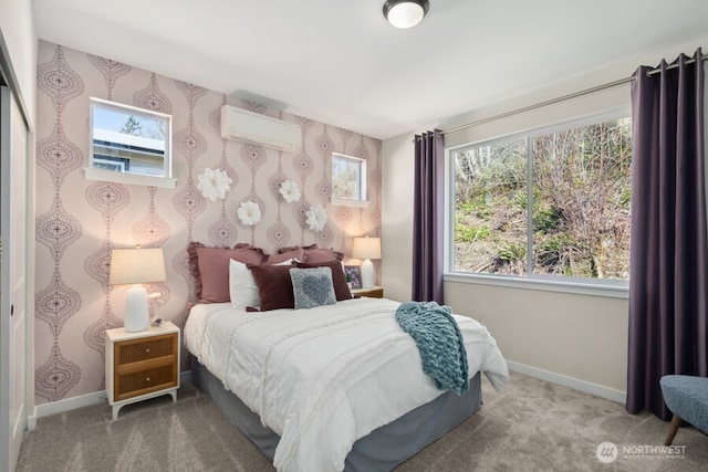 4163 Aberdeen Way NE, Renton, WA 98056 - bedroom featuring a wall mounted air conditioner, carpet flooring, and wallpapered walls
