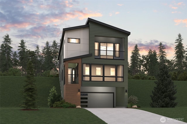 4163 Aberdeen Way NE, Renton, WA 98056 - modern home with a balcony, concrete driveway, a front lawn, and an attached garage