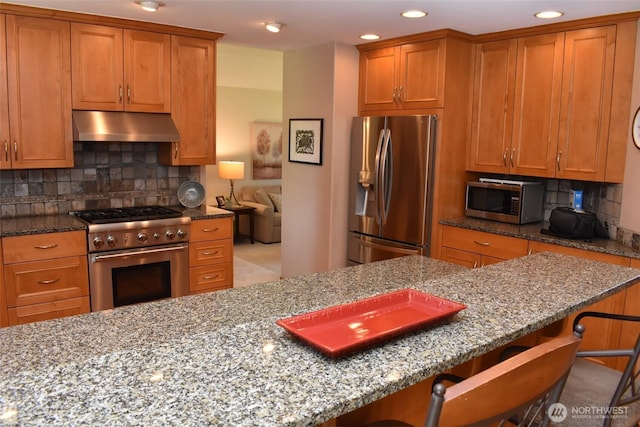 1017 Kelley Ridge Ct, Bellingham, WA 98229 - kitchen with stainless steel appliances, under cabinet range hood, stone countertops, backsplash, and recessed lighting