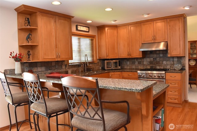 1017 Kelley Ridge Ct, Bellingham, WA 98229 - kitchen featuring open shelves, under cabinet range hood, high end stainless steel range oven, light wood-style flooring, and recessed lighting