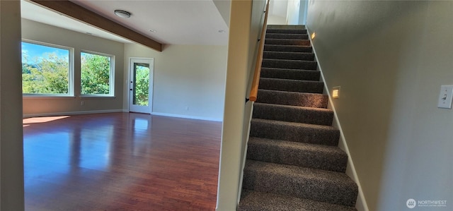 1936 Summit Lake Shore Rd NW, Olympia, WA 98502 - stairs with wood finished floors and beamed ceiling
