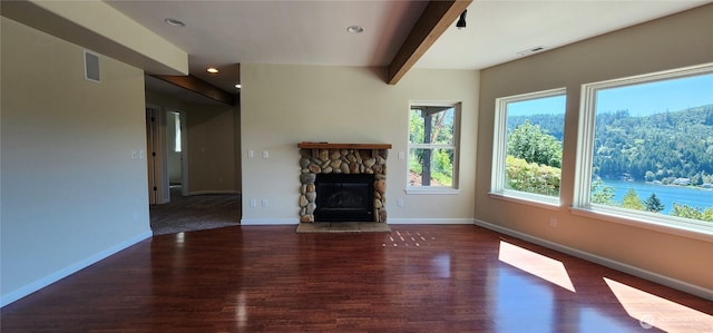 1936 Summit Lake Shore Rd NW, Olympia, WA 98502 - unfurnished living room featuring wood finished floors, a fireplace, and recessed lighting