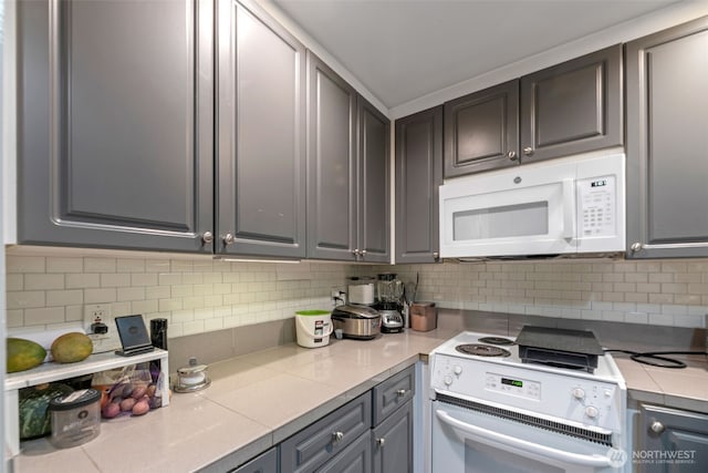 321 10th Ave S Unit 618, Seattle, WA 98104 - kitchen featuring white appliances, tasteful backsplash, light countertops, and gray cabinets