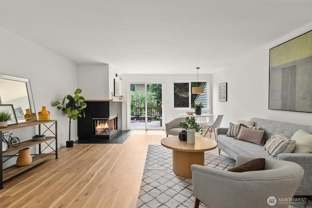9641 NE 121st Ln, Kirkland, WA 98034 - living area with light wood-style floors and a multi sided fireplace