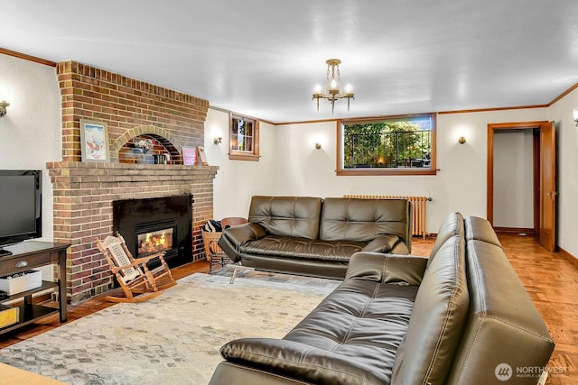 19453 Military Rd S, Seatac, WA 98188 - living area with crown molding, a chandelier, a fireplace, and radiator