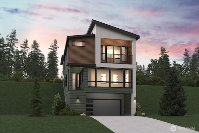 4169 Aberdeen Way NE, Renton, WA 98056 - modern home featuring a balcony, driveway, a garage, and a front yard