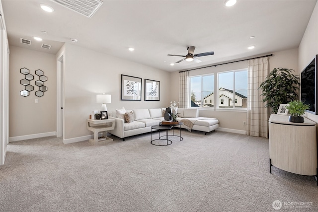 18019 139th Pl E Unit 19, Puyallup, WA 98374 - living room featuring a ceiling fan, carpet flooring, and recessed lighting