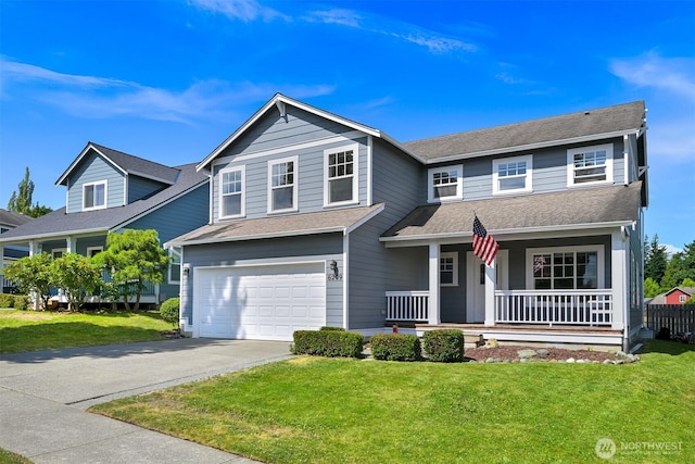 6209 Lincoln Dr, Ferndale, WA 98248 - traditional home featuring covered porch, concrete driveway, an attached garage, a front yard, and roof with shingles