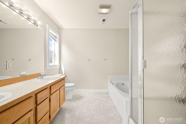 6209 Lincoln Dr, Ferndale, WA 98248 - full bath featuring tile patterned floors, double vanity, a stall shower, and a garden tub
