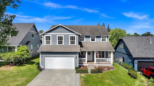 6209 Lincoln Dr, Ferndale, WA 98248 - traditional-style home featuring a porch, an attached garage, concrete driveway, and a front yard