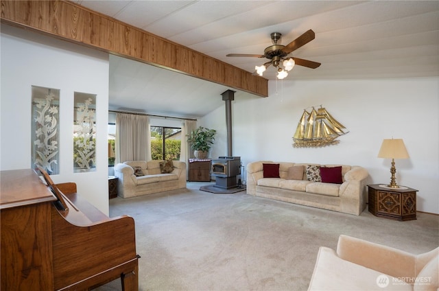 3611 I St NE Unit 10, Auburn, WA 98002 - carpeted living area with a wood stove and ceiling fan