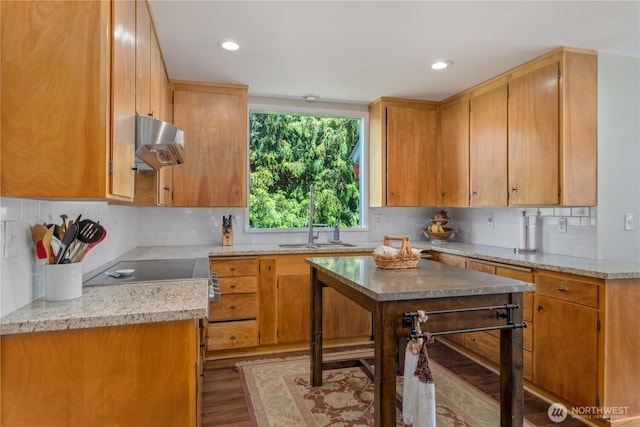 1721 N Steele St, Tacoma, WA 98406 - kitchen featuring ventilation hood, wood finished floors, tasteful backsplash, recessed lighting, and range