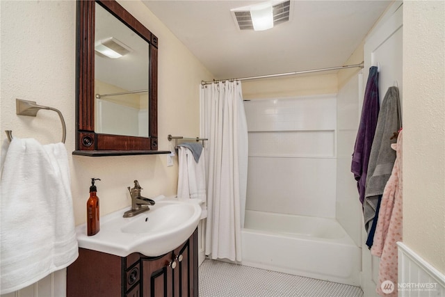 1721 N Steele St, Tacoma, WA 98406 - full bathroom with shower / tub combo with curtain, vanity, and tile patterned floors