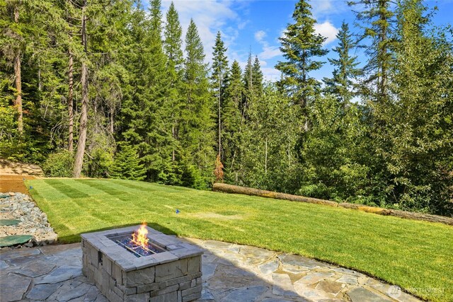 1450 Nelson Siding, Cle Elum, WA 98922 - view of grassy yard featuring a fire pit and a patio area