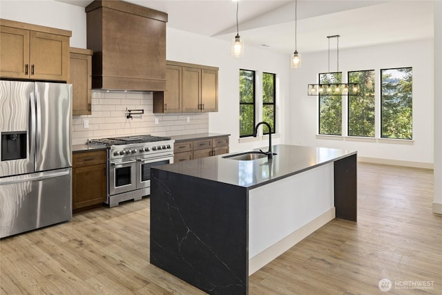 1450 Nelson Siding, Cle Elum, WA 98922 - kitchen with appliances with stainless steel finishes, dark countertops, custom range hood, decorative backsplash, and light wood finished floors