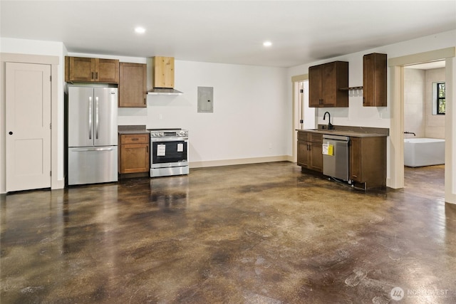 1450 Nelson Siding, Cle Elum, WA 98922 - kitchen featuring stainless steel appliances, finished concrete floors, electric panel, exhaust hood, and recessed lighting