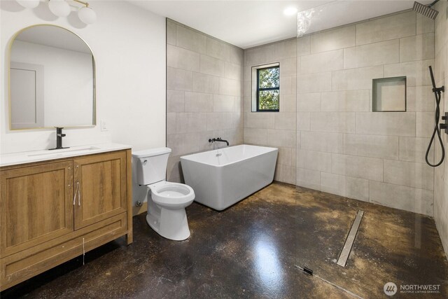 1450 Nelson Siding, Cle Elum, WA 98922 - bathroom with finished concrete floors, a soaking tub, vanity, tile walls, and tiled shower