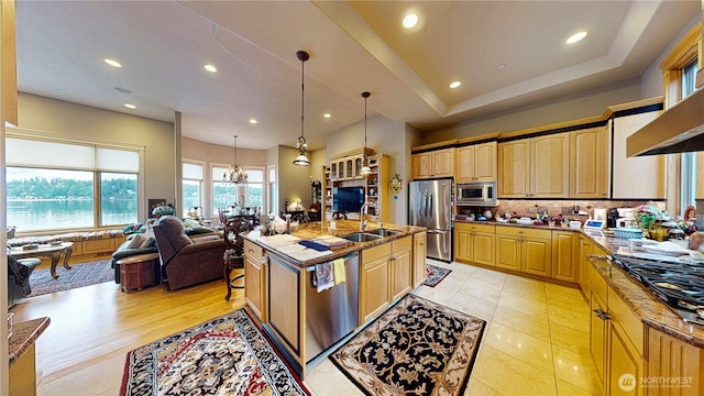 2837 E Lake Sammamish Pkwy NE, Sammamish, WA 98074 - kitchen featuring stainless steel appliances, a chandelier, recessed lighting, open floor plan, and tasteful backsplash