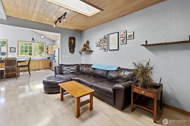 19002 Sorenson Rd SE, Yelm, WA 98597 - living area featuring wooden ceiling, a skylight, light wood finished floors, a textured wall, and lofted ceiling