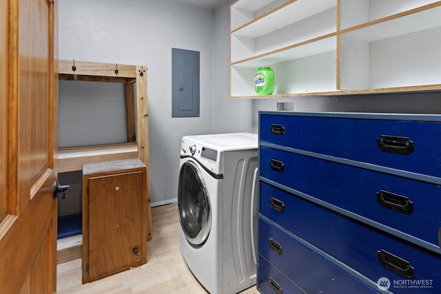 19002 Sorenson Rd SE, Yelm, WA 98597 - laundry area with washer / dryer, electric panel, and light wood finished floors