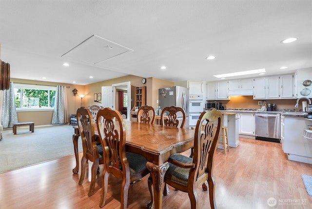 3711 116th St SE, Everett, WA 98208 - dining space with attic access, light wood-style floors, recessed lighting, and light colored carpet