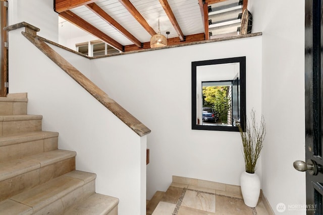 10036 NE 115th Ln Unit A3, Kirkland, WA 98033 - stairway with beamed ceiling and marble look tiles