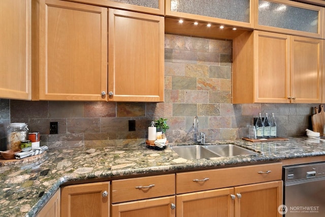 10036 NE 115th Ln Unit A3, Kirkland, WA 98033 - kitchen featuring decorative backsplash, glass insert cabinets, and dark stone counters