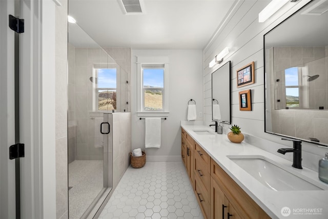 451S Partridge Ln, East Wenatchee, WA 98802 - bathroom featuring double vanity, a stall shower, and tile patterned flooring