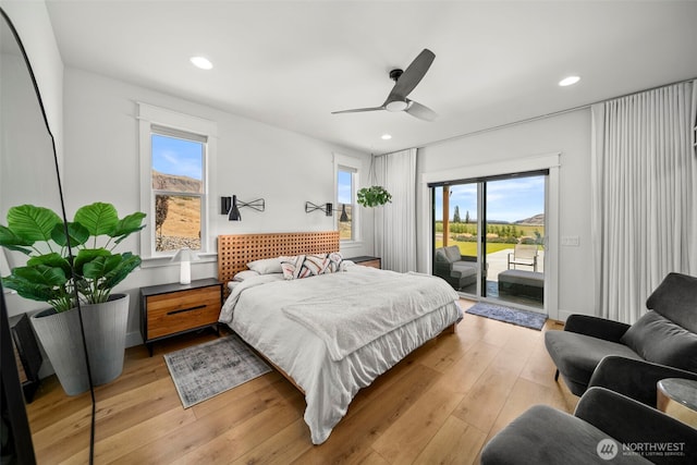 451S Partridge Ln, East Wenatchee, WA 98802 - bedroom with access to outside, multiple windows, light wood-style floors, a ceiling fan, and recessed lighting