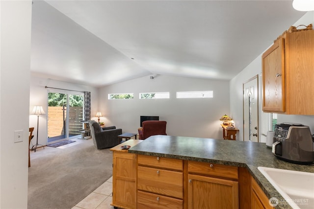 81 E Dunoon Pl, Shelton, WA 98584 - kitchen with a peninsula, vaulted ceiling, light colored carpet, dark countertops, and light tile patterned floors