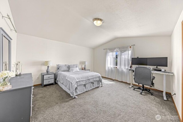 7308 Clamdigger Dr, Blaine, WA 98230 - bedroom with vaulted ceiling, carpet flooring, and a desk