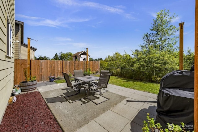 7308 Clamdigger Dr, Blaine, WA 98230 - fenced backyard with outdoor dining space, a patio, and a grill