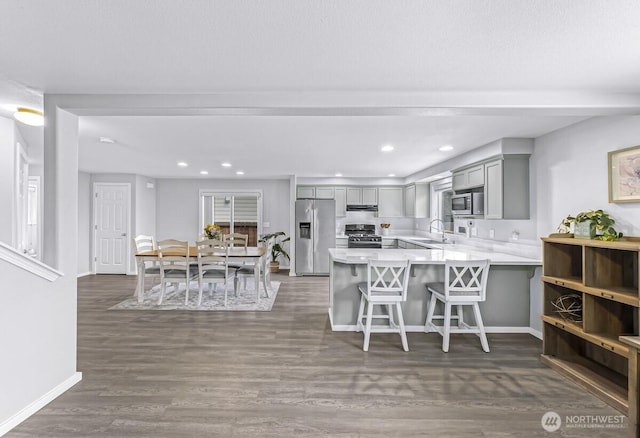 7308 Clamdigger Dr, Blaine, WA 98230 - kitchen featuring stainless steel appliances, gray cabinetry, light countertops, a peninsula, and dark wood finished floors