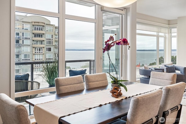2801 1st Ave Unit 501, Seattle, WA 98121 - dining area featuring a water view and wood finished floors