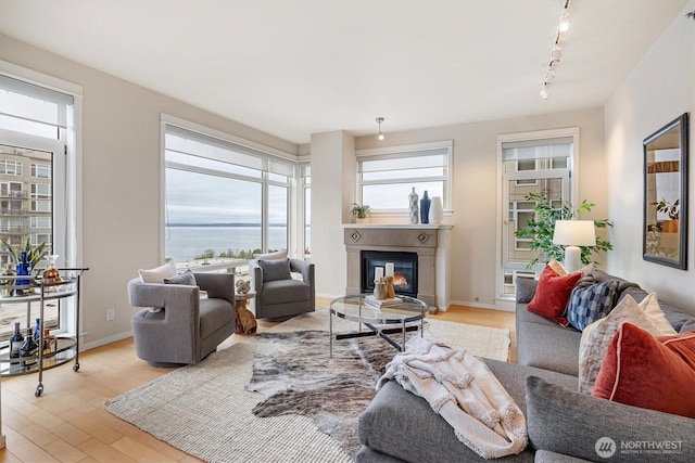 2801 1st Ave Unit 501, Seattle, WA 98121 - living room featuring light wood finished floors, a glass covered fireplace, and rail lighting