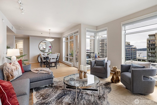 2801 1st Ave Unit 501, Seattle, WA 98121 - living room featuring light wood-type flooring and track lighting