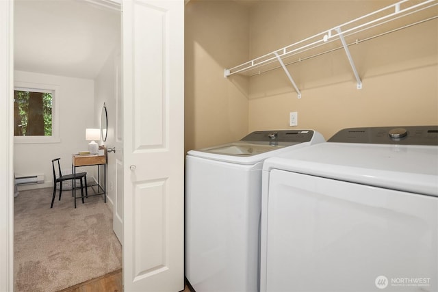 8615 238th St SW Unit B202, Edmonds, WA 98026 - laundry area with separate washer and dryer, light colored carpet, a baseboard heating unit, and a desk