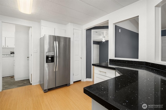 11500 Meridian Ave S Unit 22, Everett, WA 98208 - kitchen with stainless steel refrigerator with ice dispenser, light wood-type flooring, washer / clothes dryer, and white cabinets