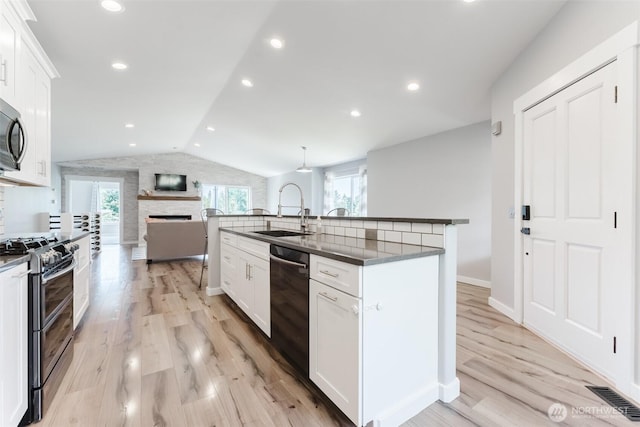 3761 Hannah Ct, Bellingham, WA 98226 - kitchen featuring stainless steel appliances, vaulted ceiling, light wood-style floors, healthy amount of natural light, and dark countertops