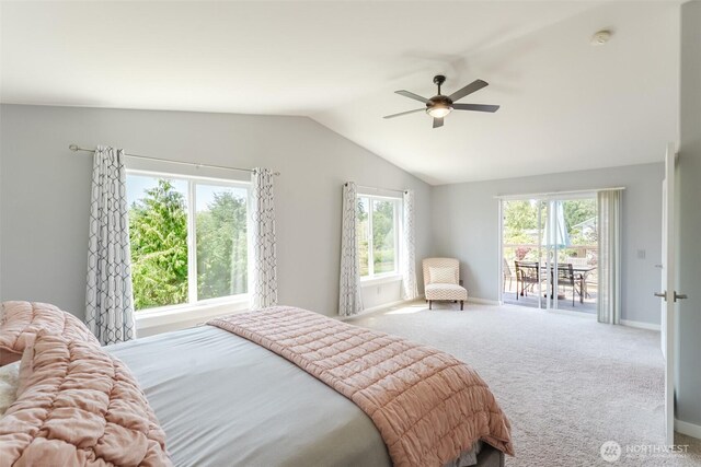 3761 Hannah Ct, Bellingham, WA 98226 - bedroom with access to exterior, vaulted ceiling, carpet flooring, and ceiling fan