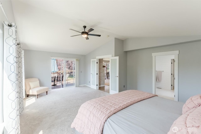 3761 Hannah Ct, Bellingham, WA 98226 - bedroom featuring carpet floors, lofted ceiling, access to exterior, a ceiling fan, and connected bathroom