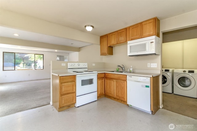 1632 Aberdeen Ave NE, Renton, WA 98056 - kitchen with white appliances, independent washer and dryer, light countertops, and open floor plan