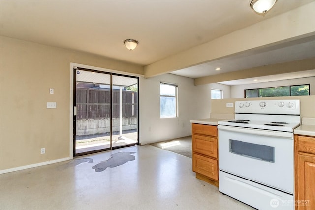 1632 Aberdeen Ave NE, Renton, WA 98056 - kitchen with white range with electric stovetop, light countertops, finished concrete flooring, and brown cabinets