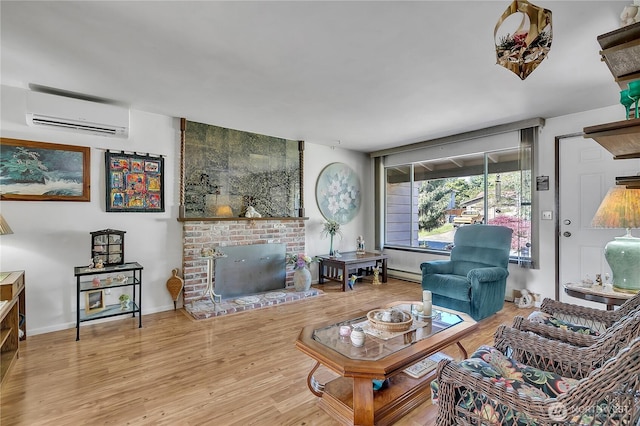 17004 137th Pl SE, Renton, WA 98058 - living area with an AC wall unit, a brick fireplace, and wood finished floors