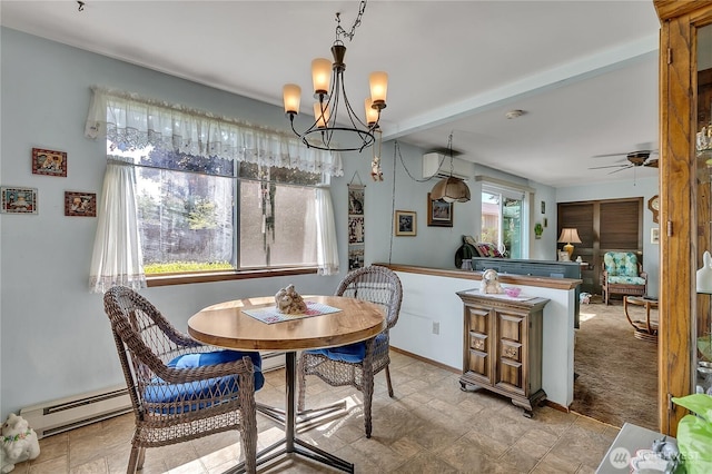 17004 137th Pl SE, Renton, WA 98058 - dining space featuring a baseboard heating unit, a chandelier, light stone finish flooring, ceiling fan, and beamed ceiling