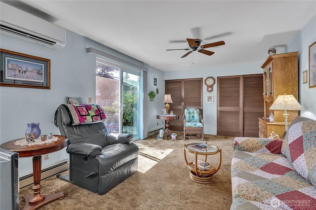 17004 137th Pl SE, Renton, WA 98058 - carpeted living area with an AC wall unit, a ceiling fan, and baseboard heating